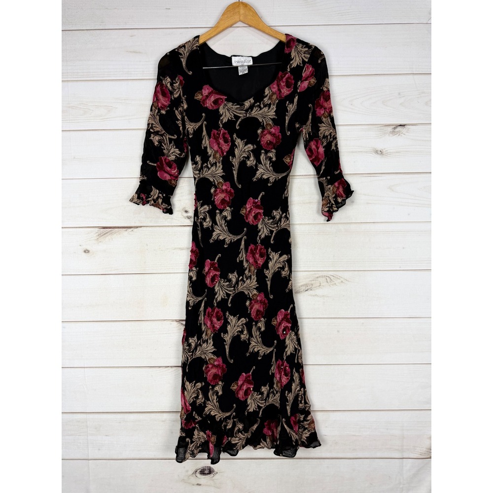 Vintage Paradise NY Dress Petite Small Floral Acanthus Print Sequin Goth Fairy